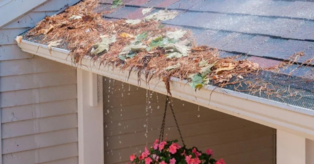 gutter guards covered in leaves causing water to overflow during rain